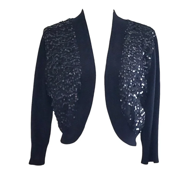Elle Black Sequin Open Front Cropped Shrug Cardigan Sweater 3/4 Sleeve Size L - Picture 8 of 8